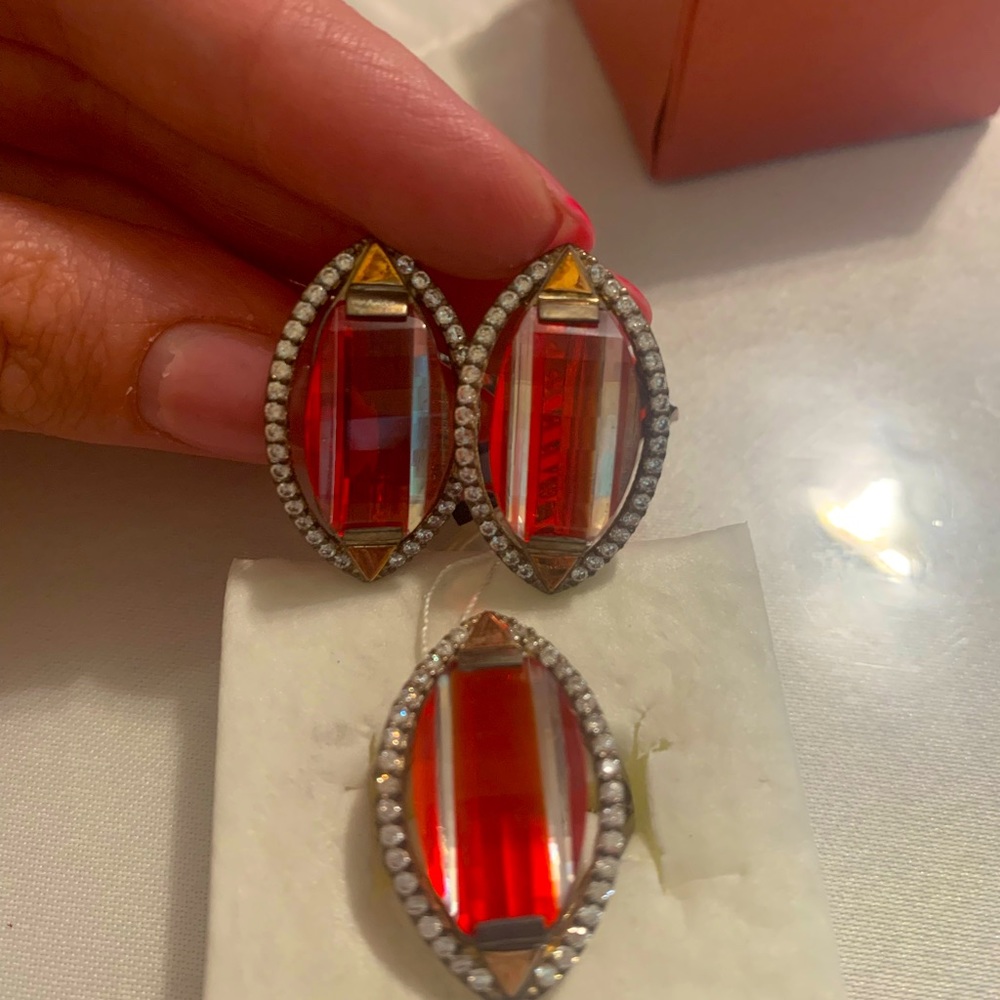 Sterling silver and gold, lab created ruby ring and earrings set